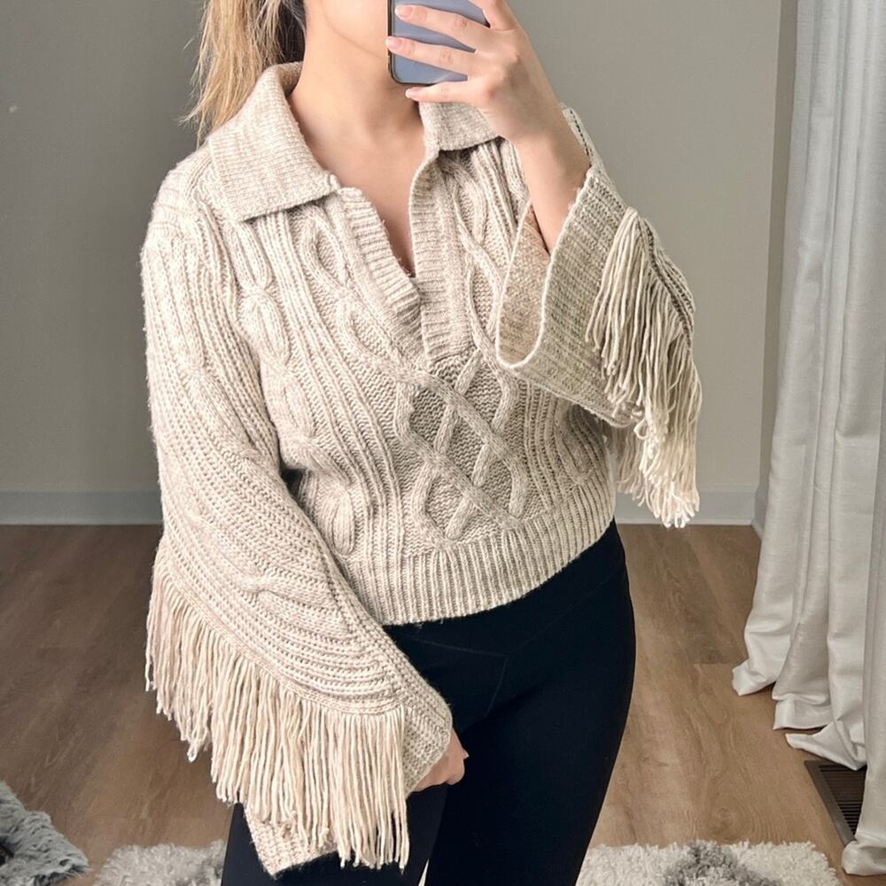 JONATHAN SIMKHAI Kara Fringe Wool Polo Sweater Tan Small Coastal Cowgirl
